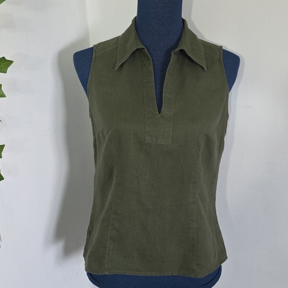 Geoffrey Beene Sport Linen Collared V Neck Sleeveless Top